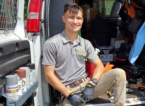 PICTURED HERE IS CRW WILDLIFE CONTROL PROFESSIONAL, ALEX SVENSEN ON JUNE 4, 2021 - He is a humane wildlife removal professional working on-site at a raccoon exclusion and damage prevention project in the city of Hamilton, Ohio. Alex is an expert at using a full range of safe, ethical, effective and humane exclusion techniques to evict raccoons, birds, squirrels, mice, bats and rats from attics in Ohio homes.